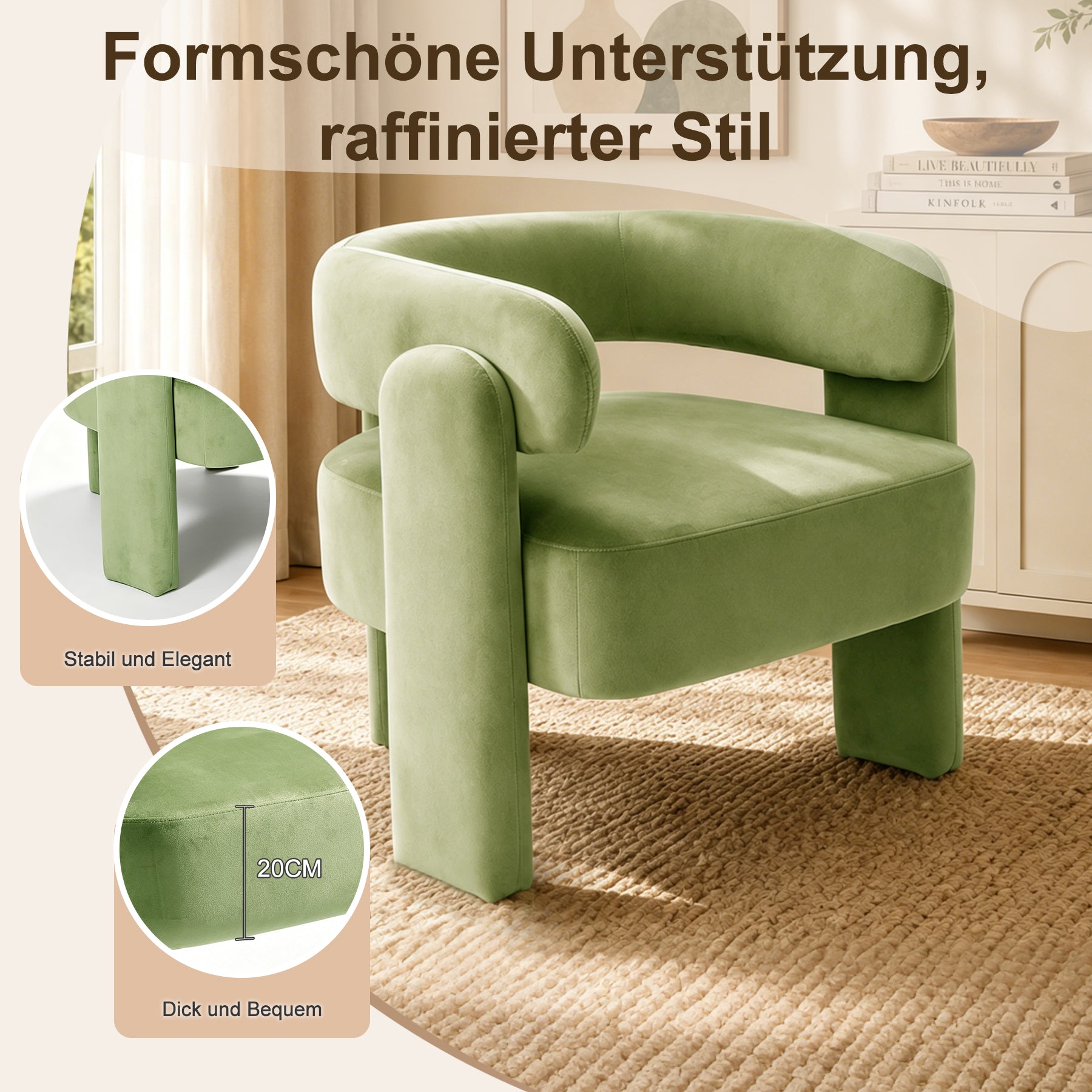 Geschwungener Samt-Sessel, Massivholzrahmen, Orange | Bequemer Sessel, ergonomisches Design, stabile Füße, maximale Belastbarkeit 120 kg, für Wohnzimmer, Schlafzimmer und Leseecke
