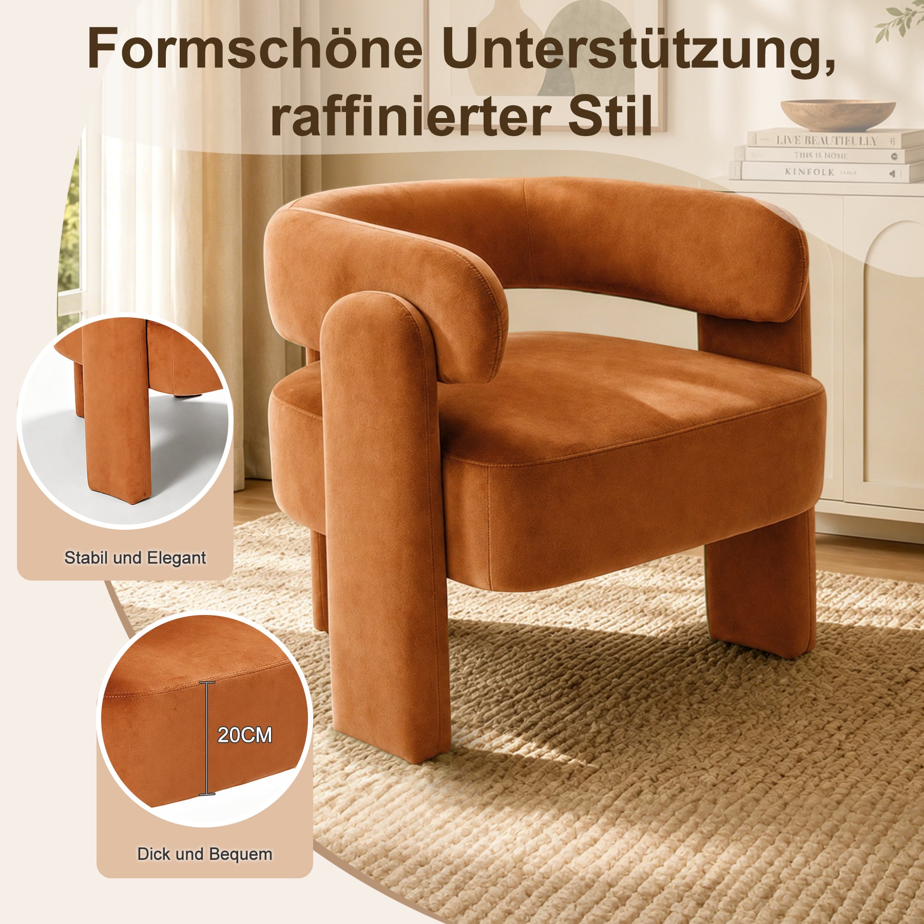 Geschwungener Samt-Sessel, Massivholzrahmen, Orange | Bequemer Sessel, ergonomisches Design, stabile Füße, maximale Belastbarkeit 120 kg, für Wohnzimmer, Schlafzimmer und Leseecke