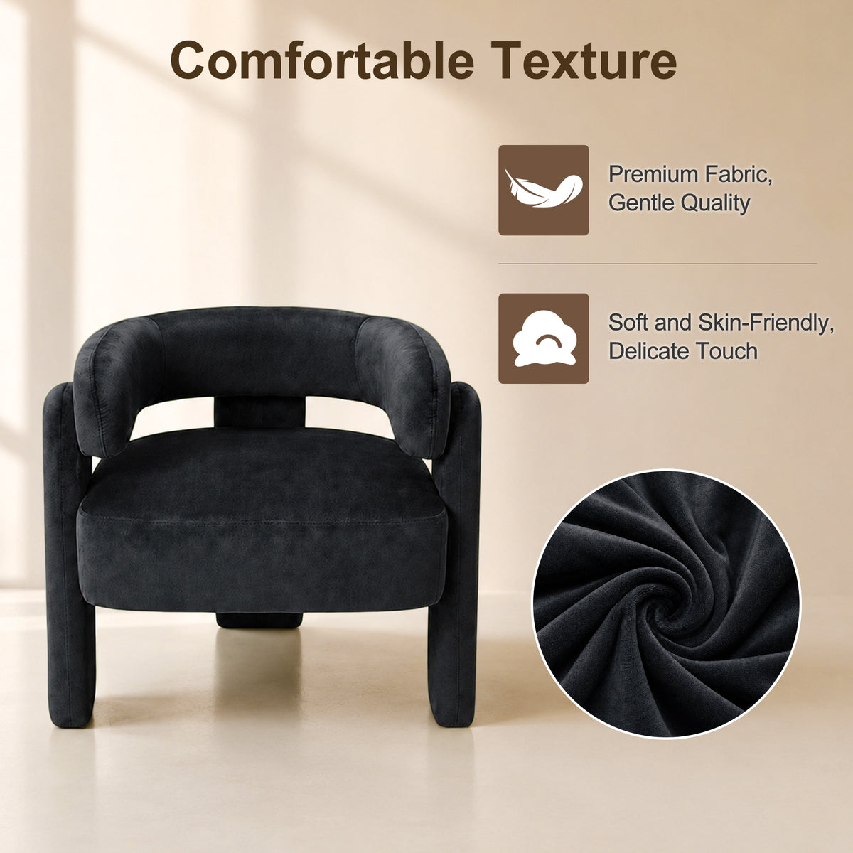 HomeMiYN Small Black Velvet Lounge Chair Solid Wood Frame for Living Room