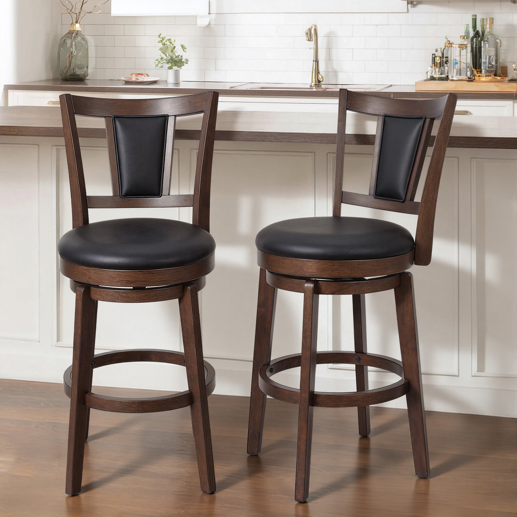 2 Set of Swivel Bar Stool with Square Padded Back & Seat – Mid-Century Modern Counter Height Chair