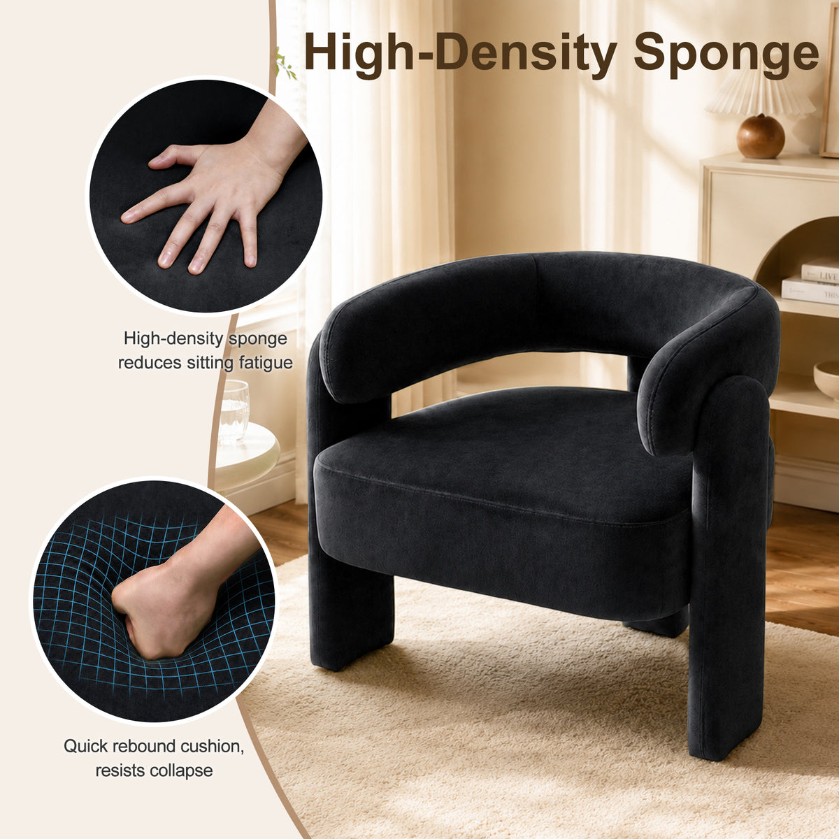 HomeMiYN Small Black Velvet Lounge Chair Solid Wood Frame for Living Room