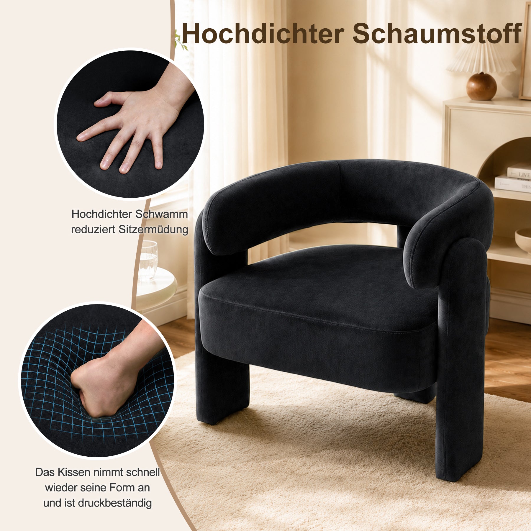 Geschwungener Samt-Sessel, Massivholzrahmen, Orange | Bequemer Sessel, ergonomisches Design, stabile Füße, maximale Belastbarkeit 120 kg, für Wohnzimmer, Schlafzimmer und Leseecke