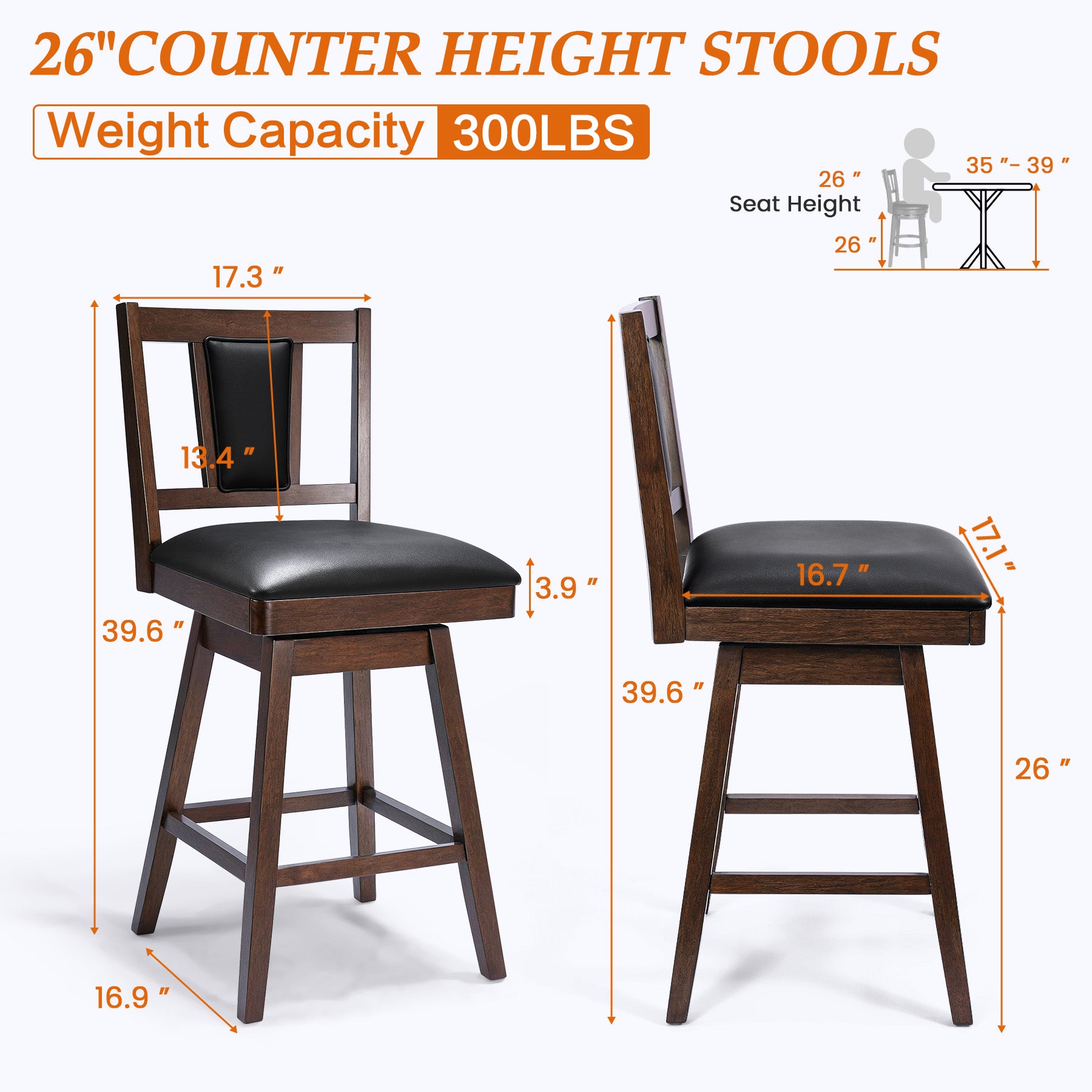 2 Set of Swivel Bar Stool with Vertical Padded Back & Seat – Mid-Century Modern Counter Height Chair