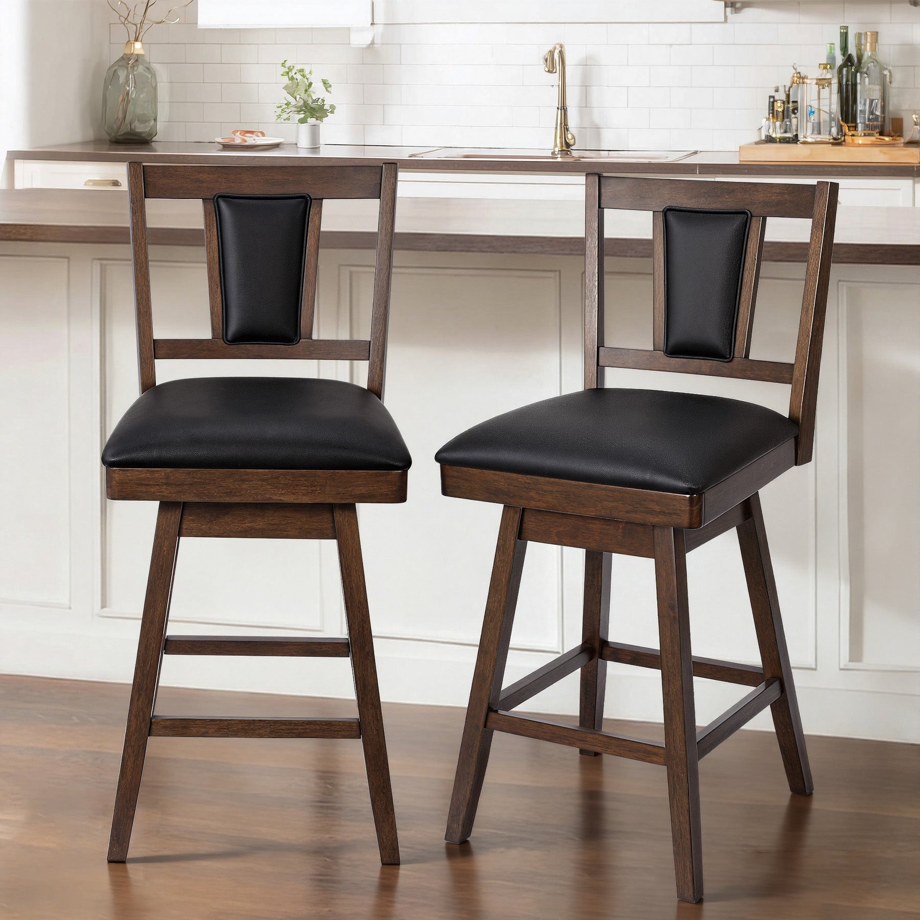 2 Set of Swivel Bar Stool with Vertical Padded Back & Seat – Mid-Century Modern Counter Height Chair
