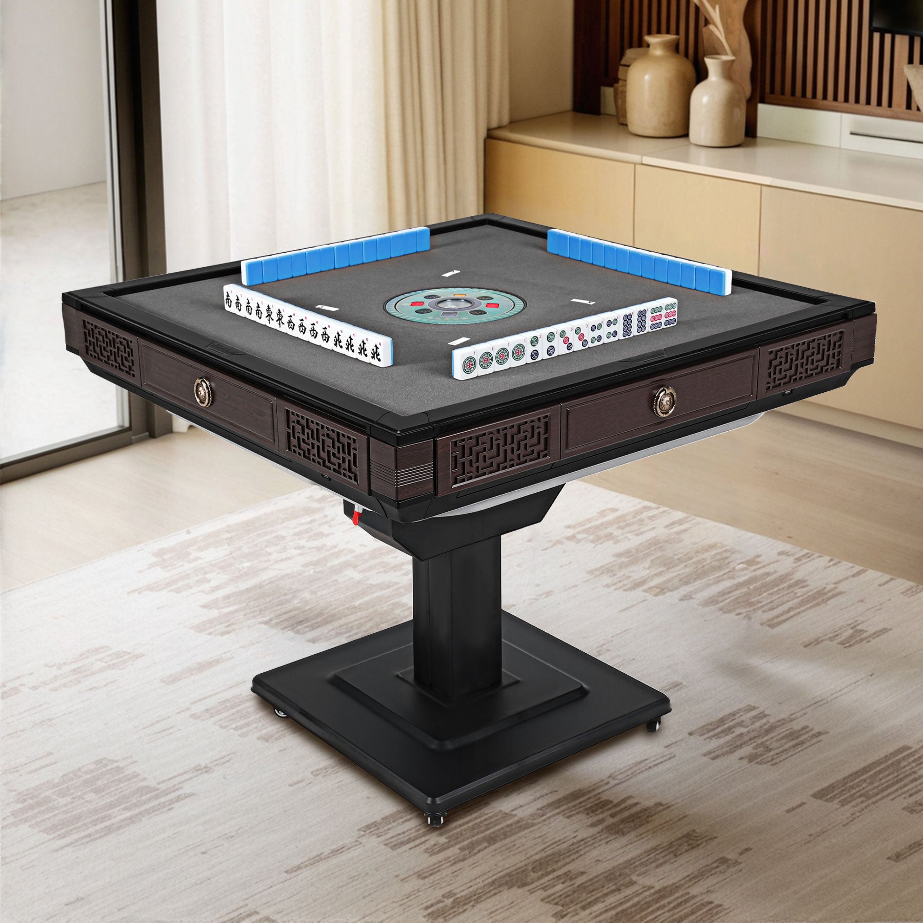 HomeMiYN Automatic Mahjong Table Foldable with Wheels, with 42mm 152 Numbered Magnetic Tiles, for Domino Game