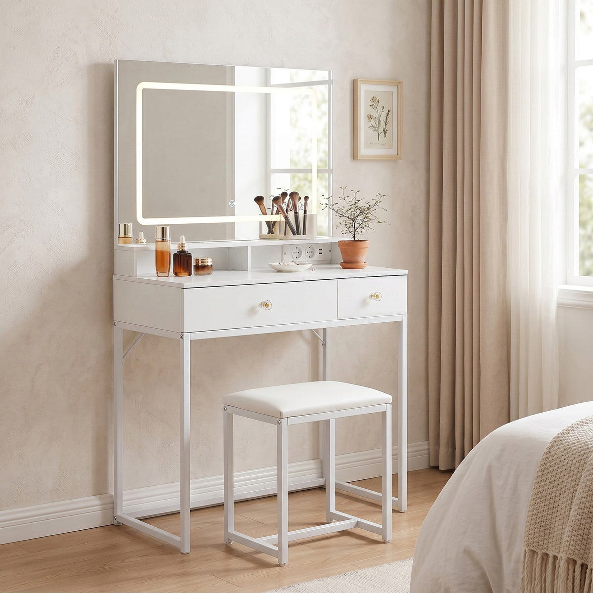 HomeMiYN Dressing Table with LED Lighting and Stool Small with Socket