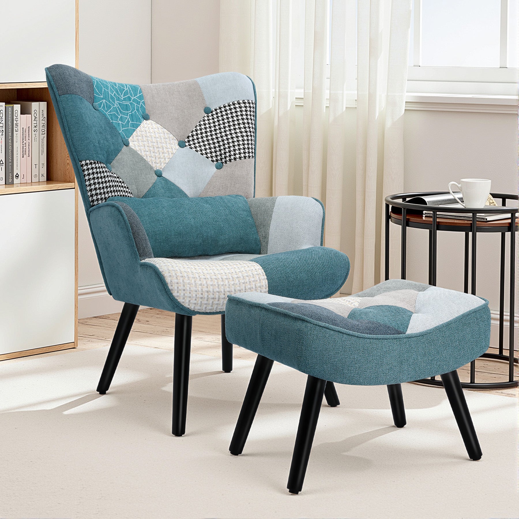 Single Seater Linen Sofa with Blue Throw Pillow