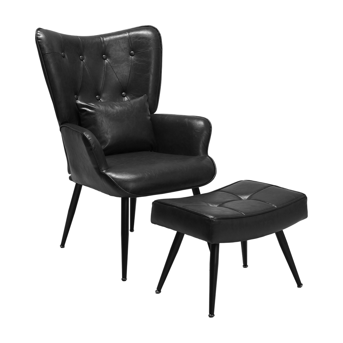 HomeMiYN PU Leather Wingback Chair with Stool & Lumbar Support Solid Wood Legs