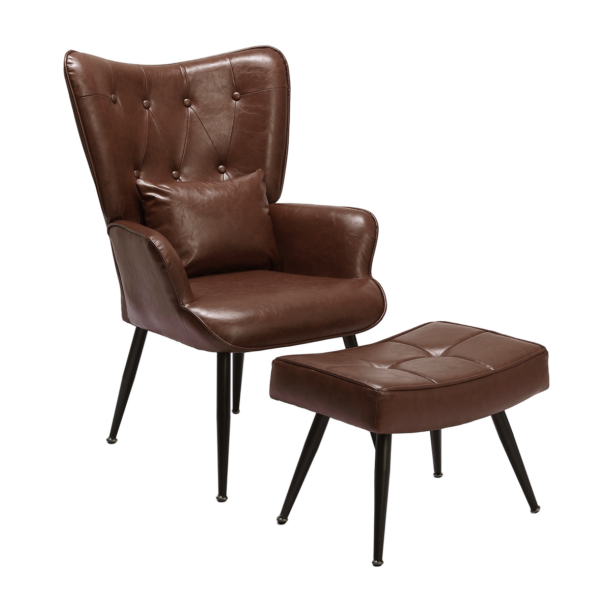 HomeMiYN PU Leather Wingback Chair with Stool & Lumbar Support Solid Wood Legs