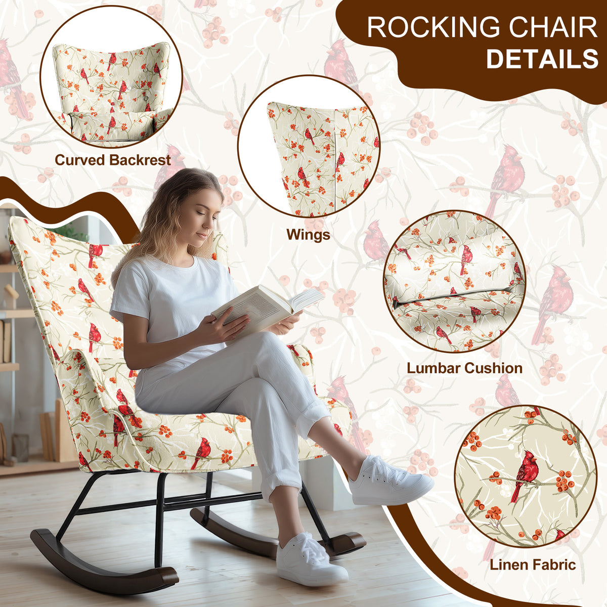 HomeMiYN Modern Single Rocking Chair, Printed Linen-Look Fabric with Ample Cushioned Seat