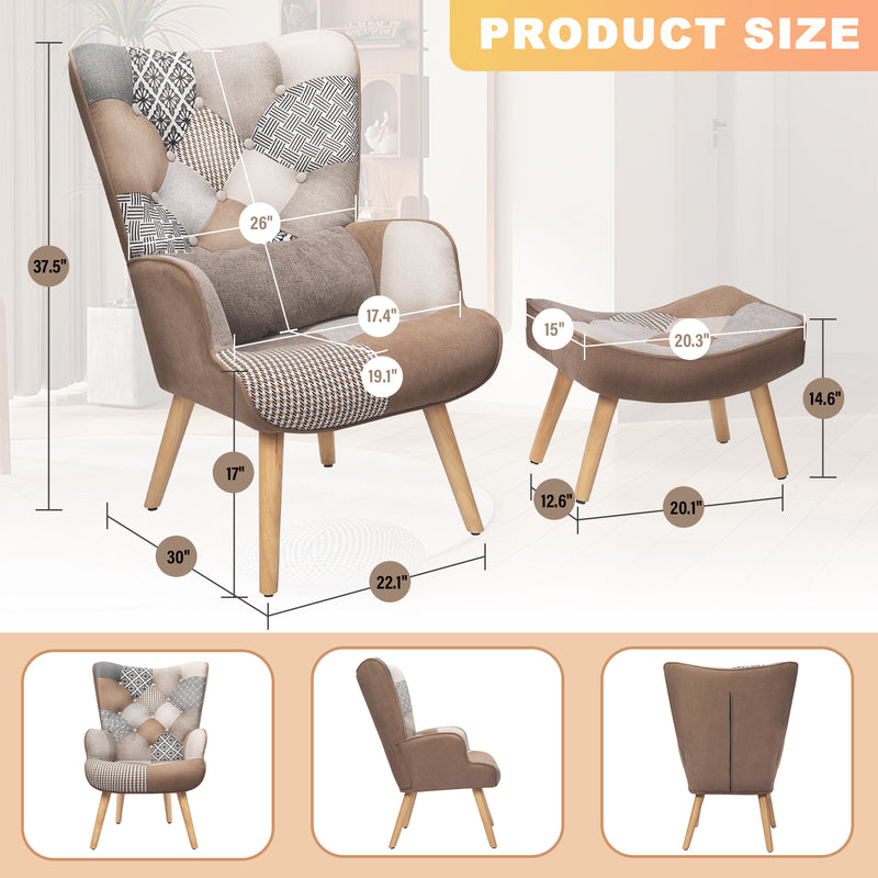 HomeMiYN Patchwork Chair,Accent Armchair with Ottoman Single Sofa Chair Brown US