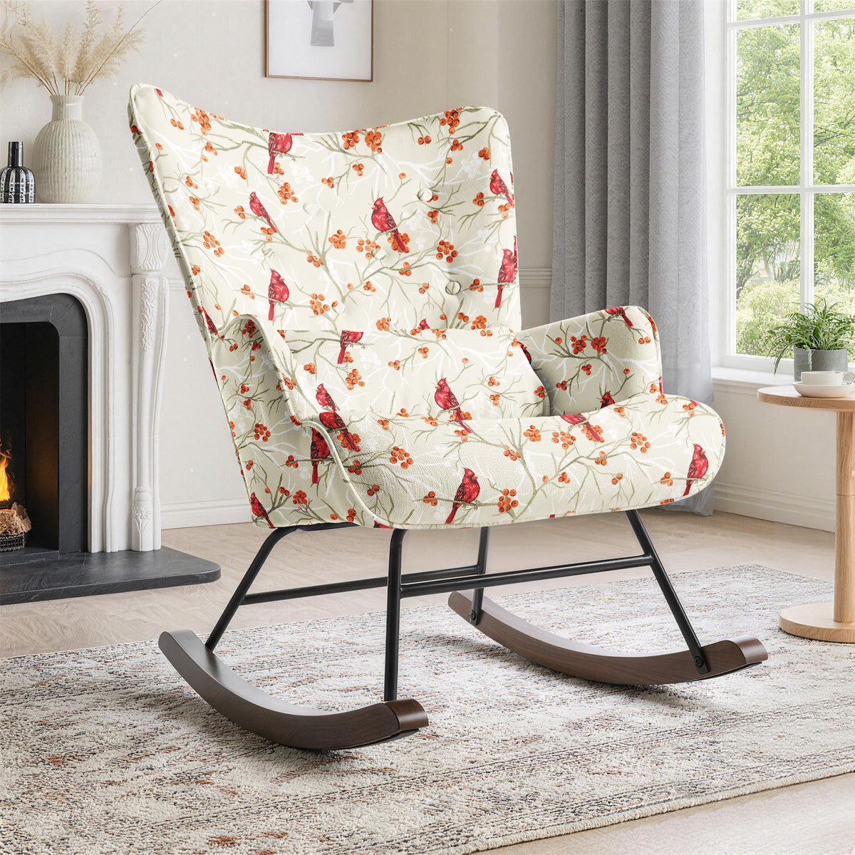 HomeMiYN Modern Single Rocking Chair, Printed Linen-Look Fabric with Ample Cushioned Seat