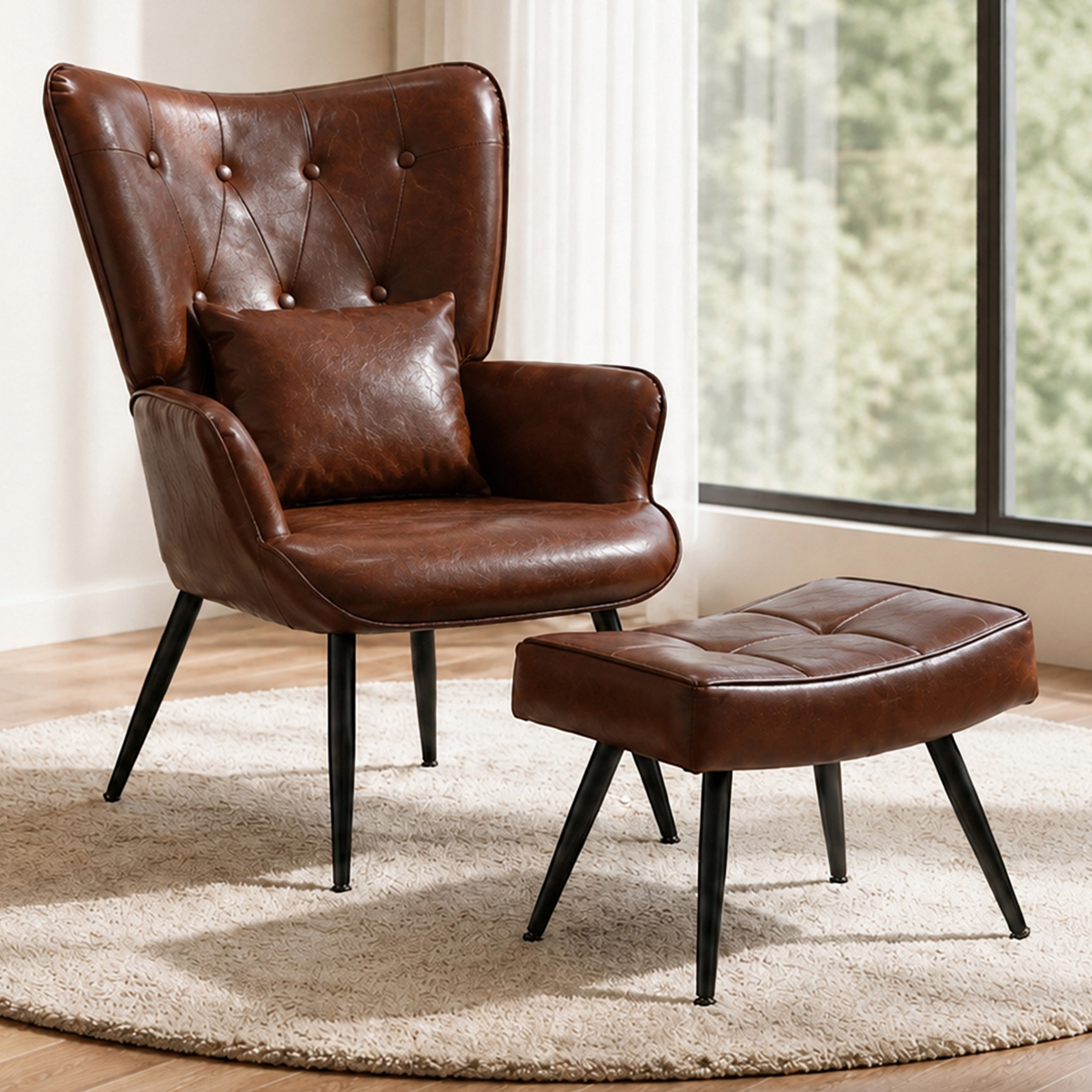 HomeMiYN PU Leather Wingback Chair with Stool & Lumbar Support Solid Wood Legs