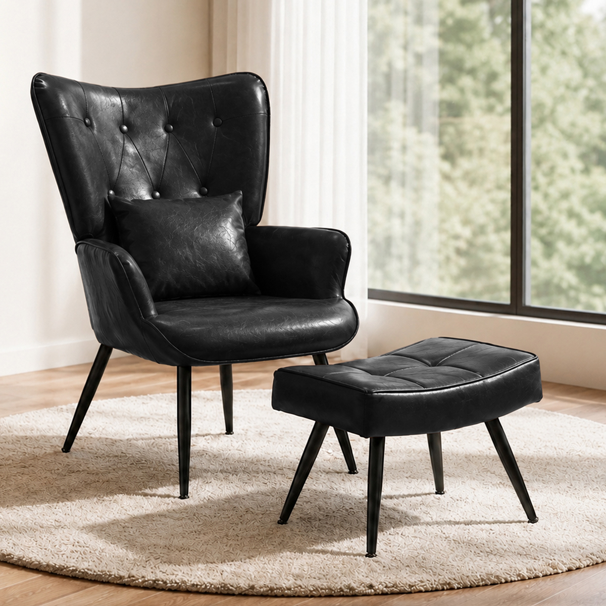 HomeMiYN PU Leather Wingback Chair with Stool & Lumbar Support Solid Wood Legs