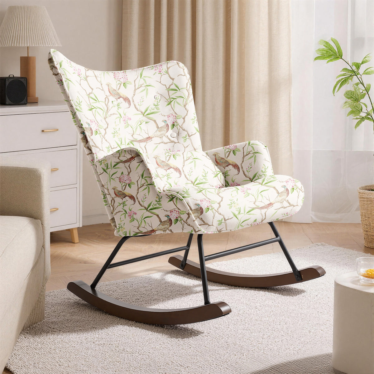 HomeMiYN Modern Single Rocking Chair, Printed Linen-Look Fabric with Ample Cushioned Seat