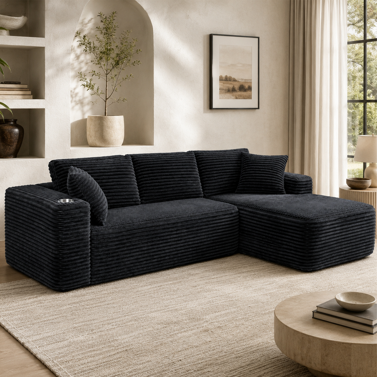 HomeMiYN 265cm 3-Seater L-Shaped Corner Sofa with Chaiselounge, No Assembly Required
