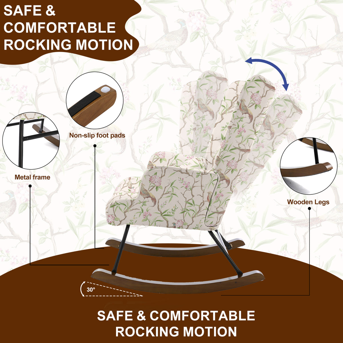 HomeMiYN Modern Single Rocking Chair, Printed Linen-Look Fabric with Ample Cushioned Seat