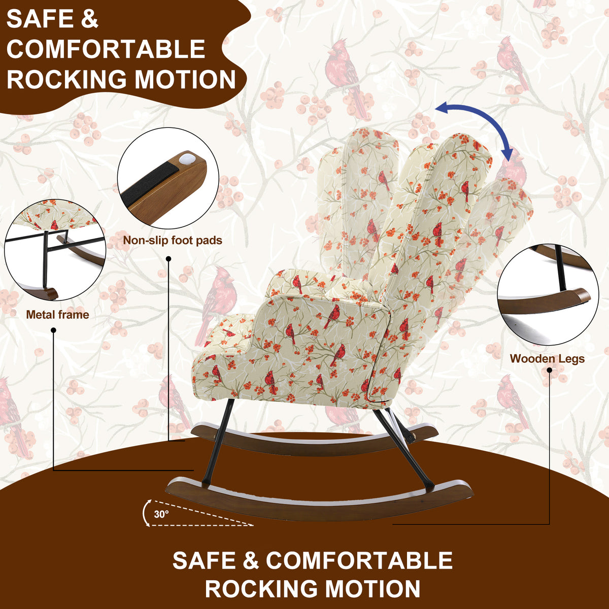 HomeMiYN Modern Single Rocking Chair, Printed Linen-Look Fabric with Ample Cushioned Seat