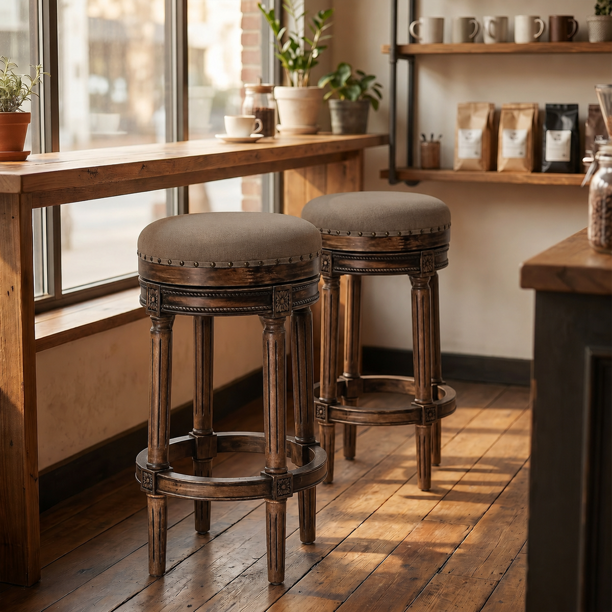 HomeMiYN Wooden Swivel Bar Stool Upholstered Retro Design with Studs