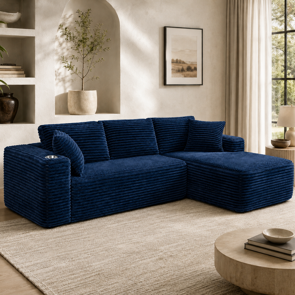 HomeMiYN 265cm 3-Seater L-Shaped Corner Sofa with Chaiselounge, No Assembly Required