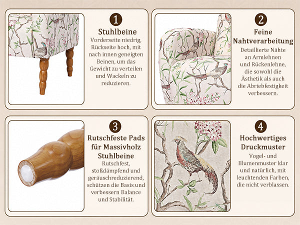 Polstersessel mit Blumenmuster, Vintage Akzentstuhl | Elegantes Blumenmuster, bequeme Polsterung und stabile Holzbeine, ideal für Wohnzimmer, Schlafzimmer und Leseecke.