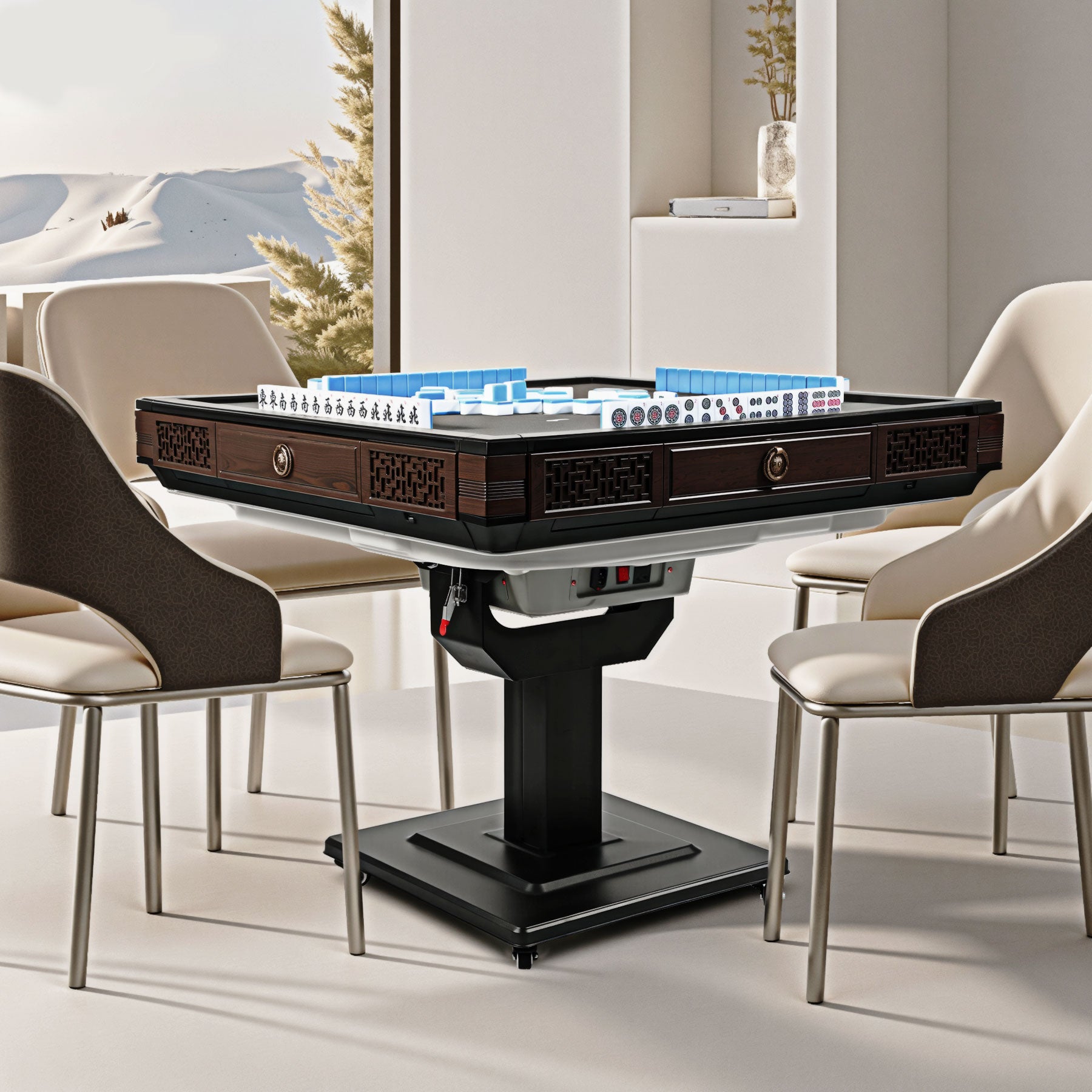 HomeMiYN Automatic Mahjong Table Foldable with Wheels, with 42mm 152 Numbered Magnetic Tiles, for Domino Game