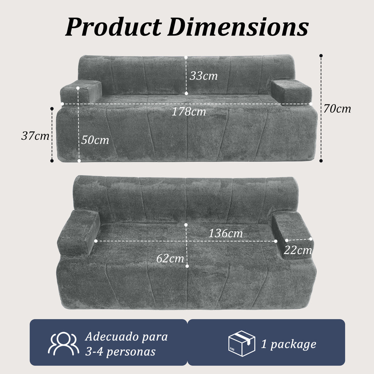 HomeMiYN 178cm 3-Seater Corduroy Boneless Sofa No Assembly Required