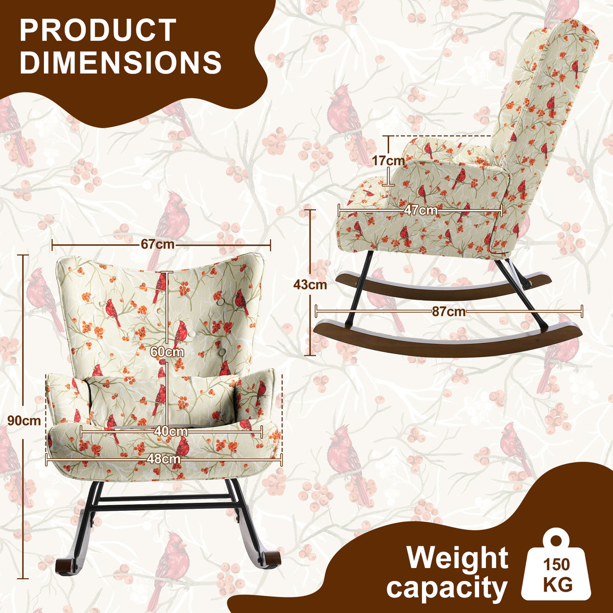HomeMiYN Modern Single Rocking Chair, Printed Linen-Look Fabric with Ample Cushioned Seat