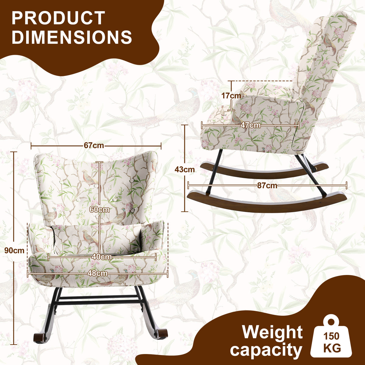 HomeMiYN Modern Single Rocking Chair, Printed Linen-Look Fabric with Ample Cushioned Seat