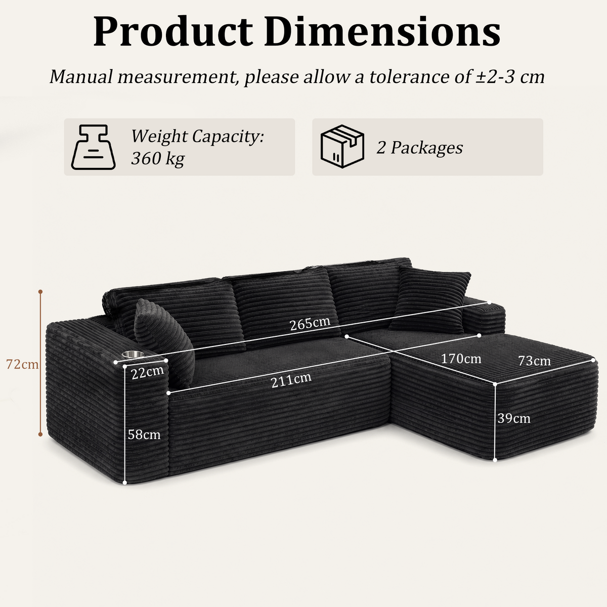 HomeMiYN 265cm 3-Seater L-Shaped Corner Sofa with Chaiselounge, No Assembly Required