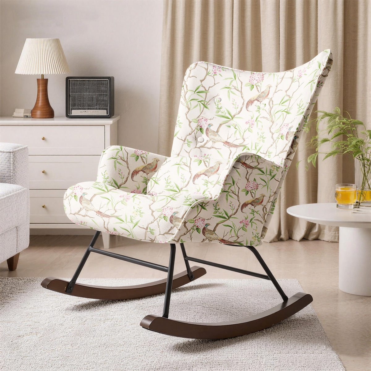 HomeMiYN Modern Single Rocking Chair, Printed Linen-Look Fabric with Ample Cushioned Seat