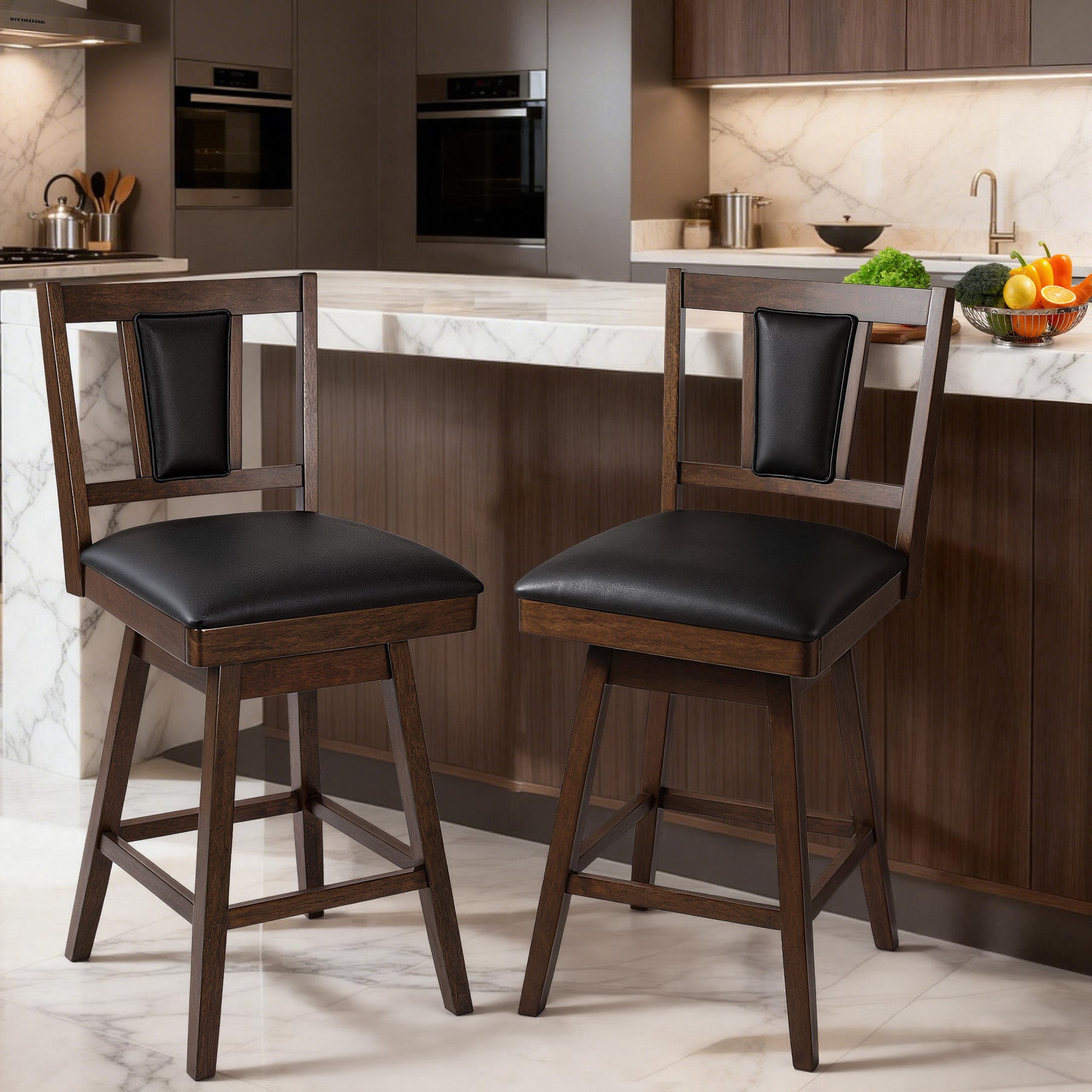 2 Set of Swivel Bar Stool with Vertical Padded Back & Seat – Mid-Century Modern Counter Height Chair