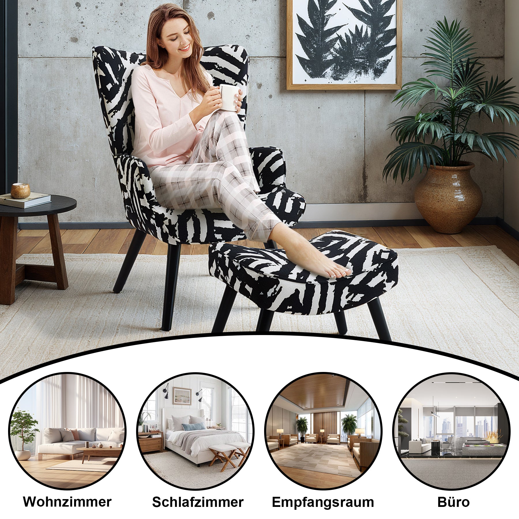 Printed Single Seater Sofa in Faux Linen Fabric