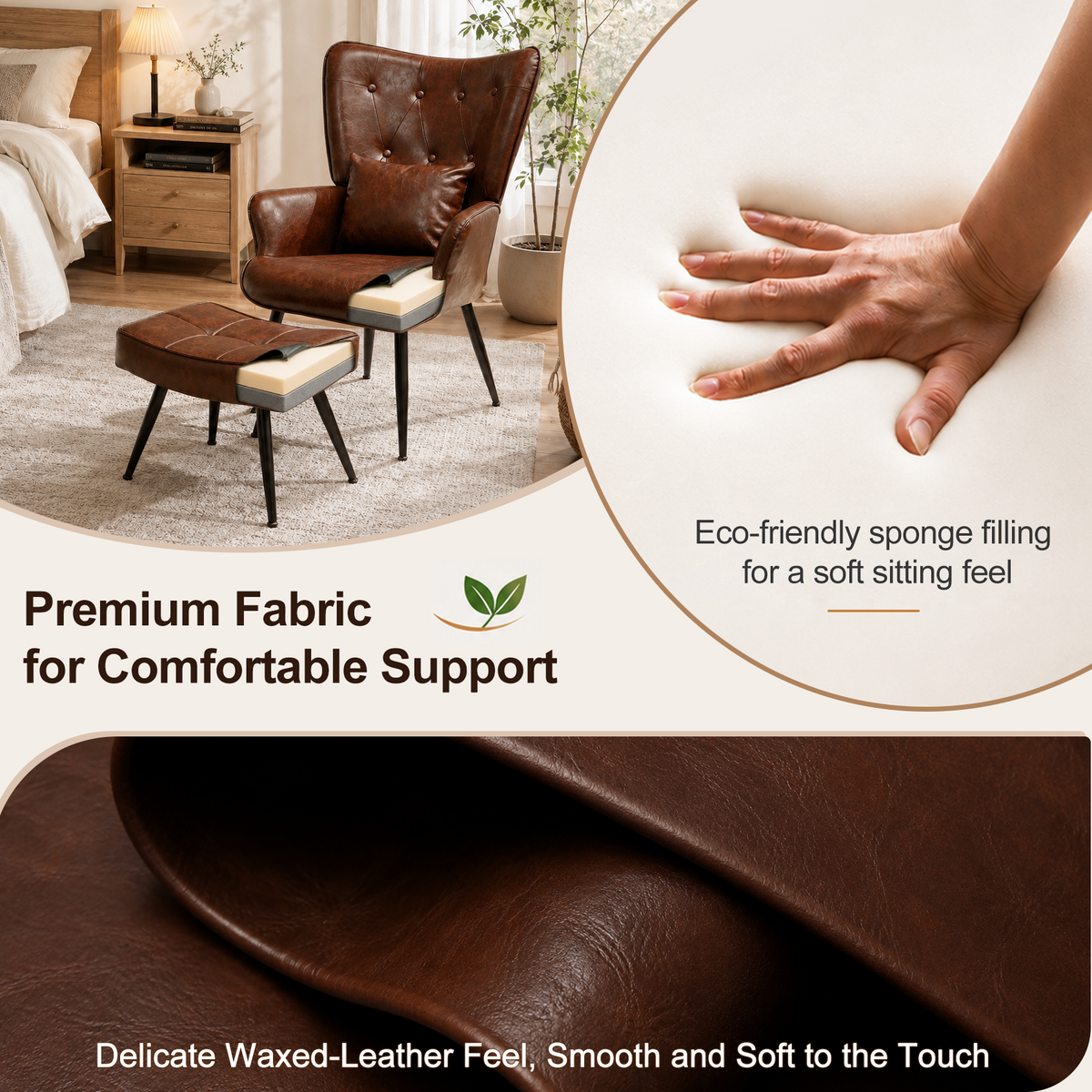 HomeMiYN PU Leather Wingback Chair with Stool & Lumbar Support Solid Wood Legs