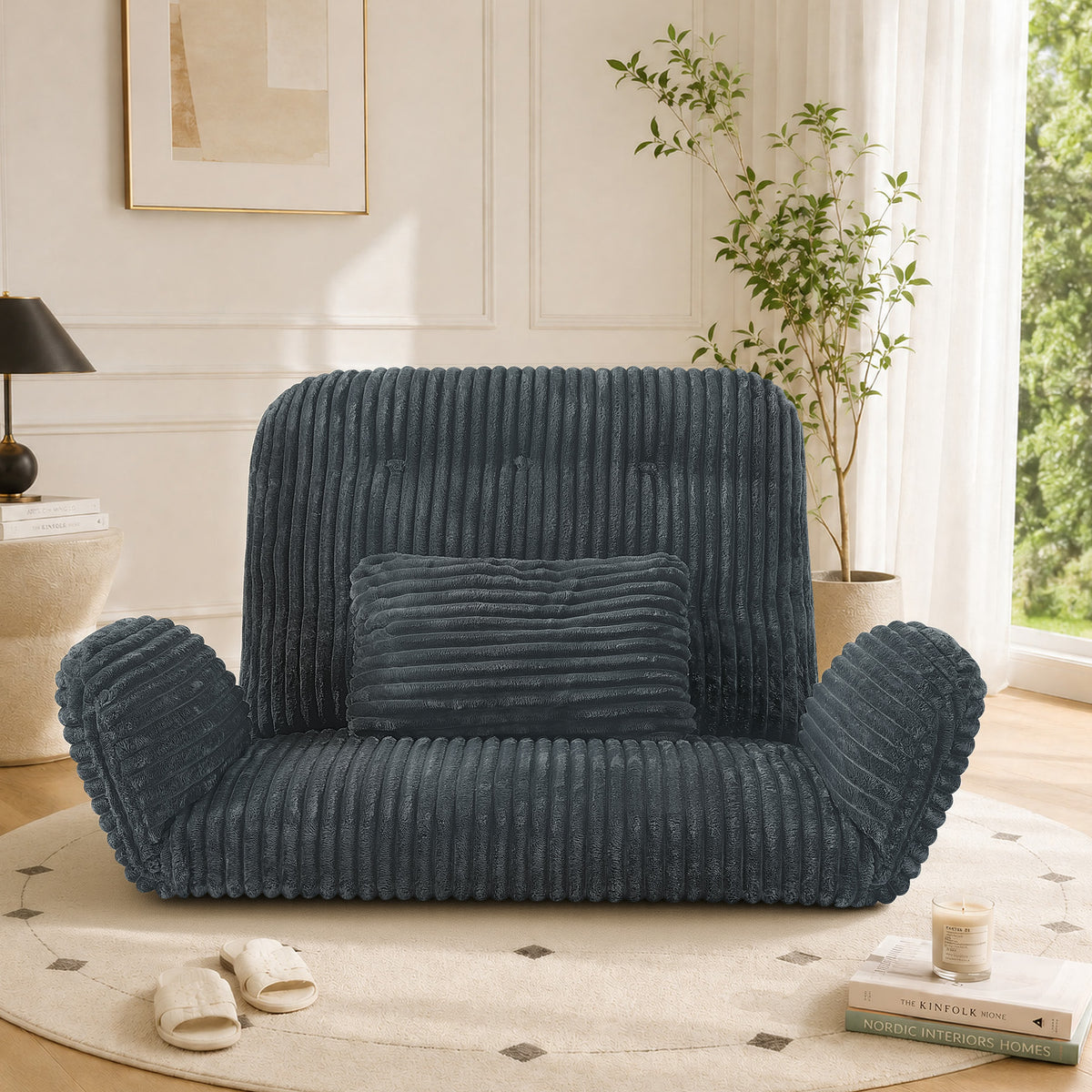HomeMiYN Striped Plush Foldable Lazy Recliner Armchair with Cushion for Living Room and Bedroom
