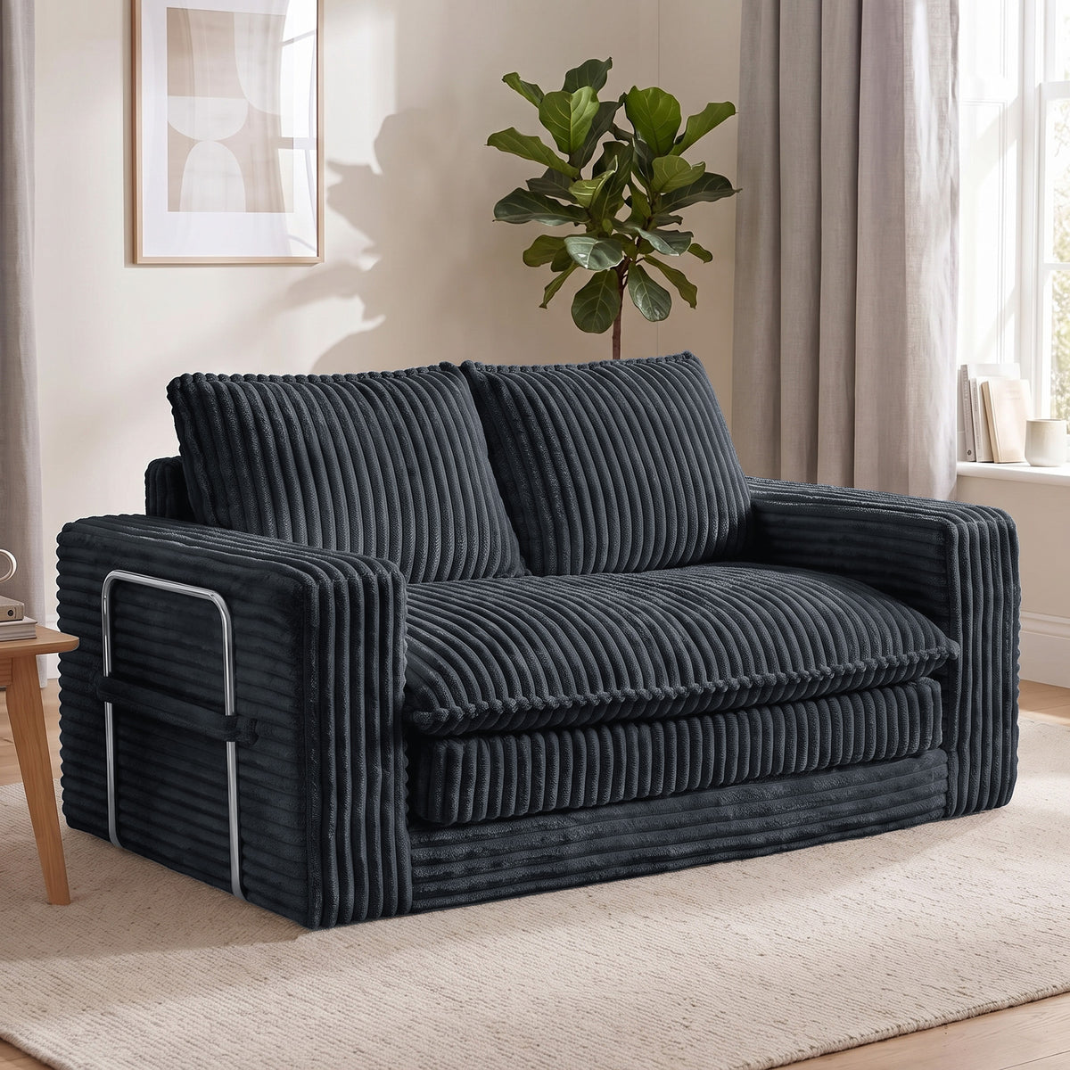 HomeMiYN 2-Seater Corduroy Sofa Bed, 140cm Wide, High Density Foam, No Assembly Required