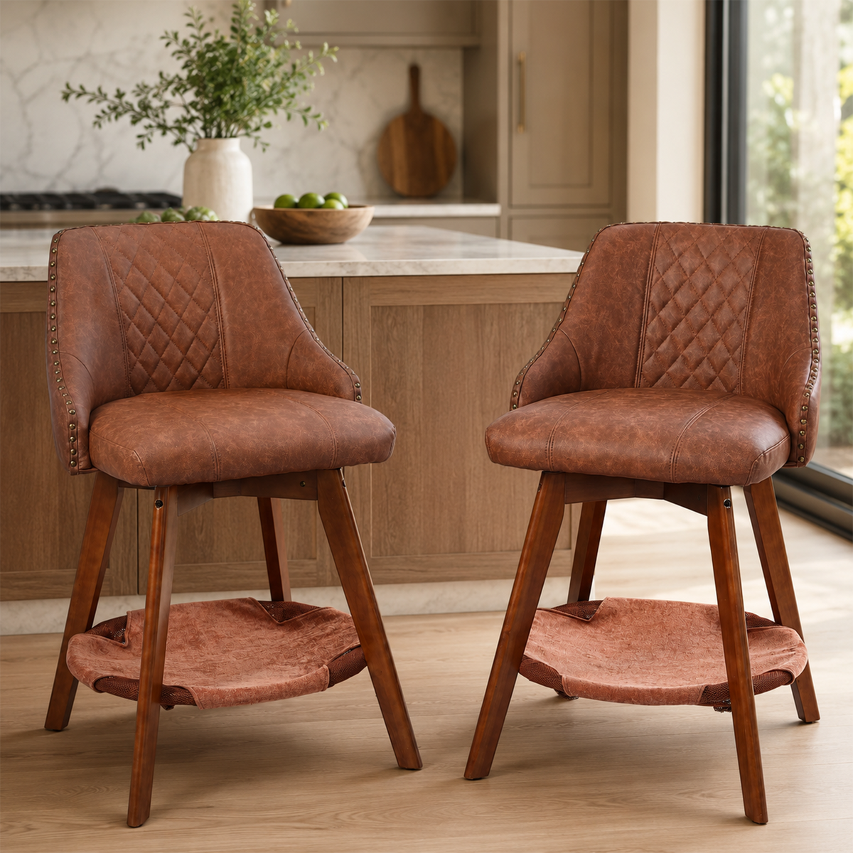 HomeMiYN Set of 2 Wooden Rotatable Padded Bar Stools with Pet Cave