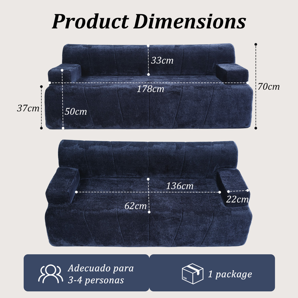 HomeMiYN 178cm 3-Seater Corduroy Boneless Sofa No Assembly Required