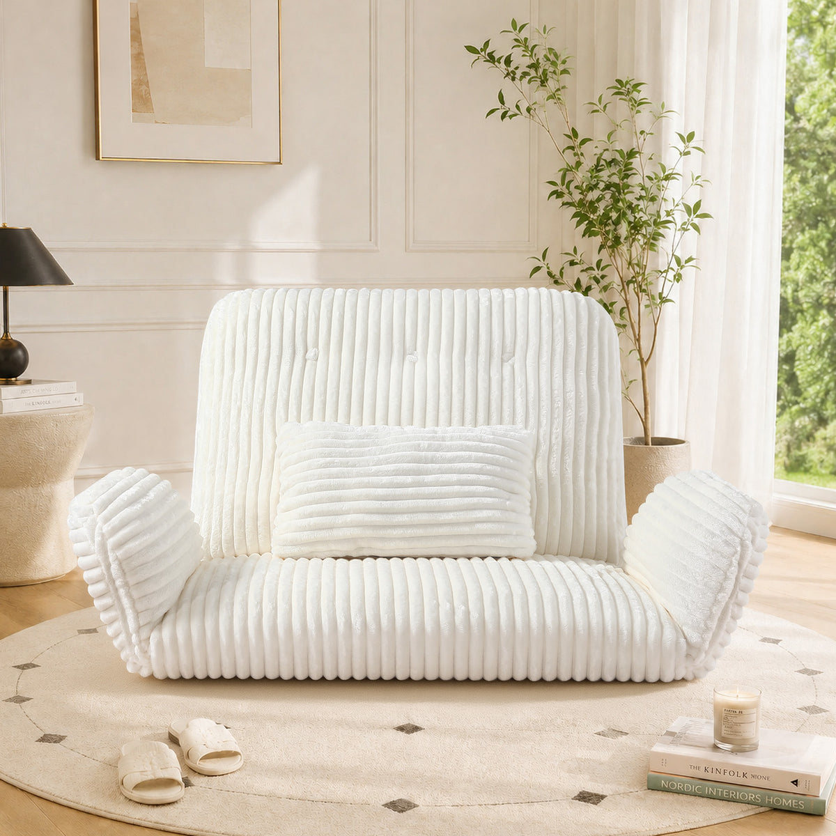 HomeMiYN Striped Plush Foldable Lazy Recliner Armchair with Cushion for Living Room and Bedroom