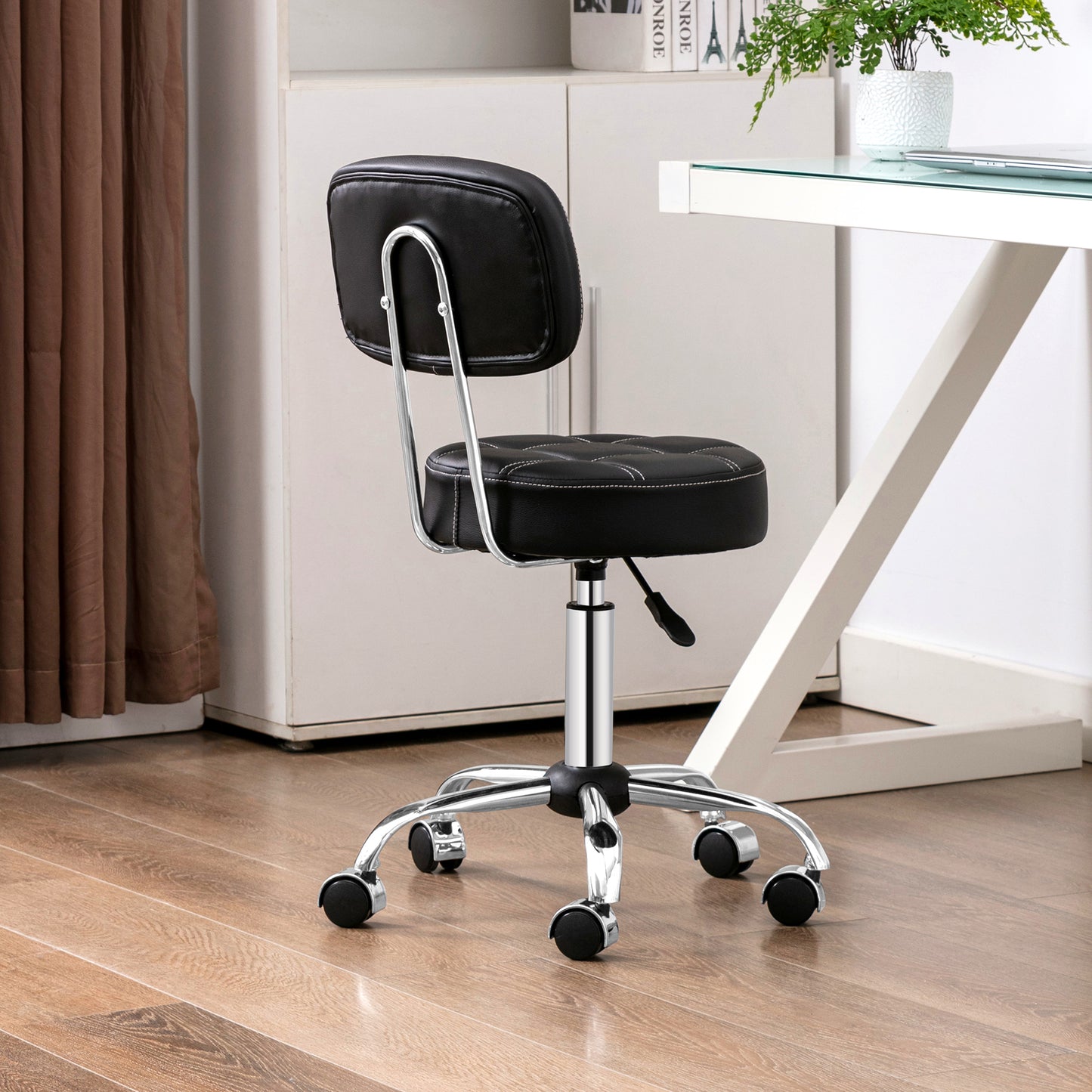 Swivel Round Rolling Stool with Backrest Tattoo Computer Lounge Dinning Pub Black