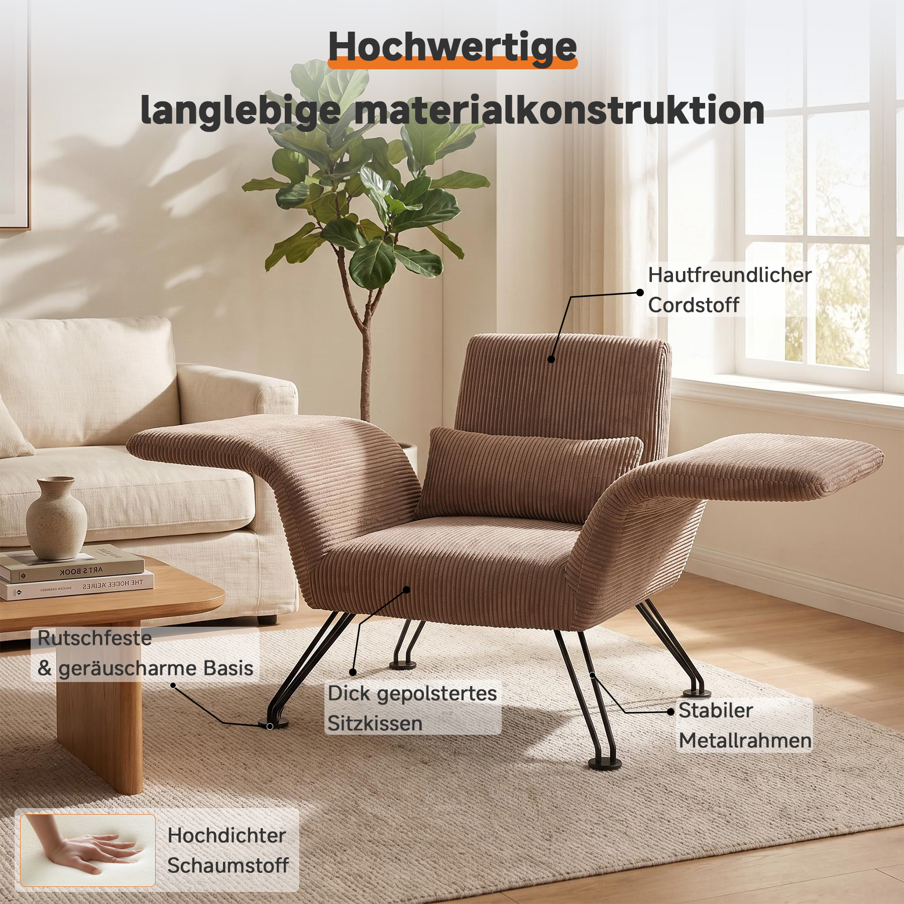 Moderner Loungesessel, Grau, Gestreifter Stoff, Metallbeine, Bequemer Relaxsessel mit Kissen,Geeignet für Wohnzimmer, Schlafzimmer und Balkon