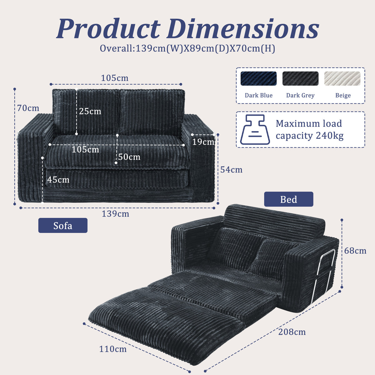 HomeMiYN 2-Seater Corduroy Sofa Bed, 140cm Wide, High Density Foam, No Assembly Required