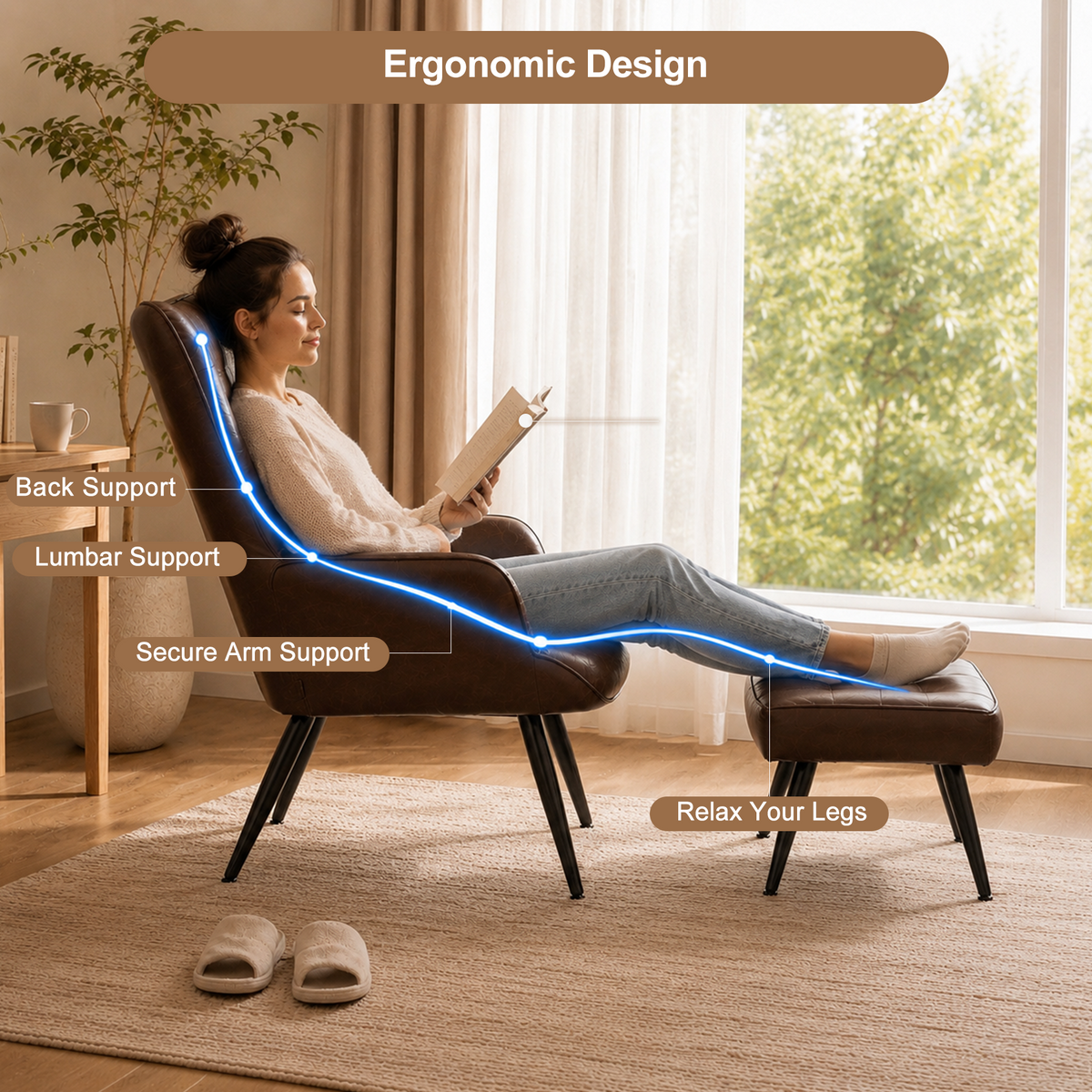 HomeMiYN PU Leather Wingback Chair with Stool & Lumbar Support Solid Wood Legs