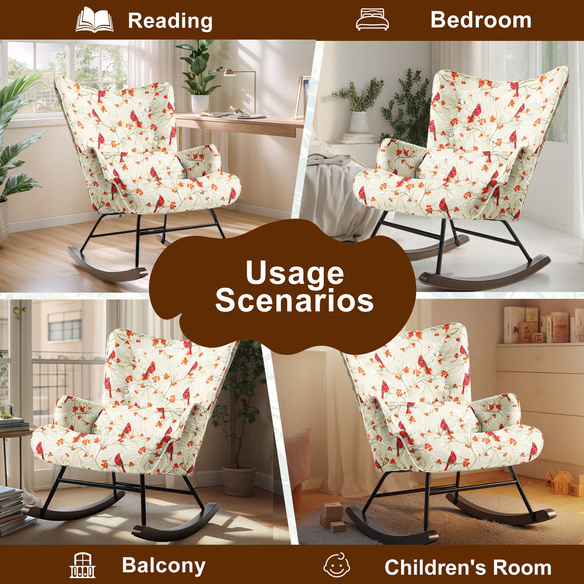 HomeMiYN Modern Single Rocking Chair, Printed Linen-Look Fabric with Ample Cushioned Seat