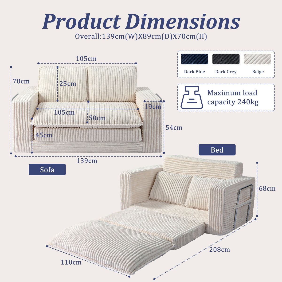 HomeMiYN 2-Seater Corduroy Sofa Bed, 140cm Wide, High Density Foam, No Assembly Required