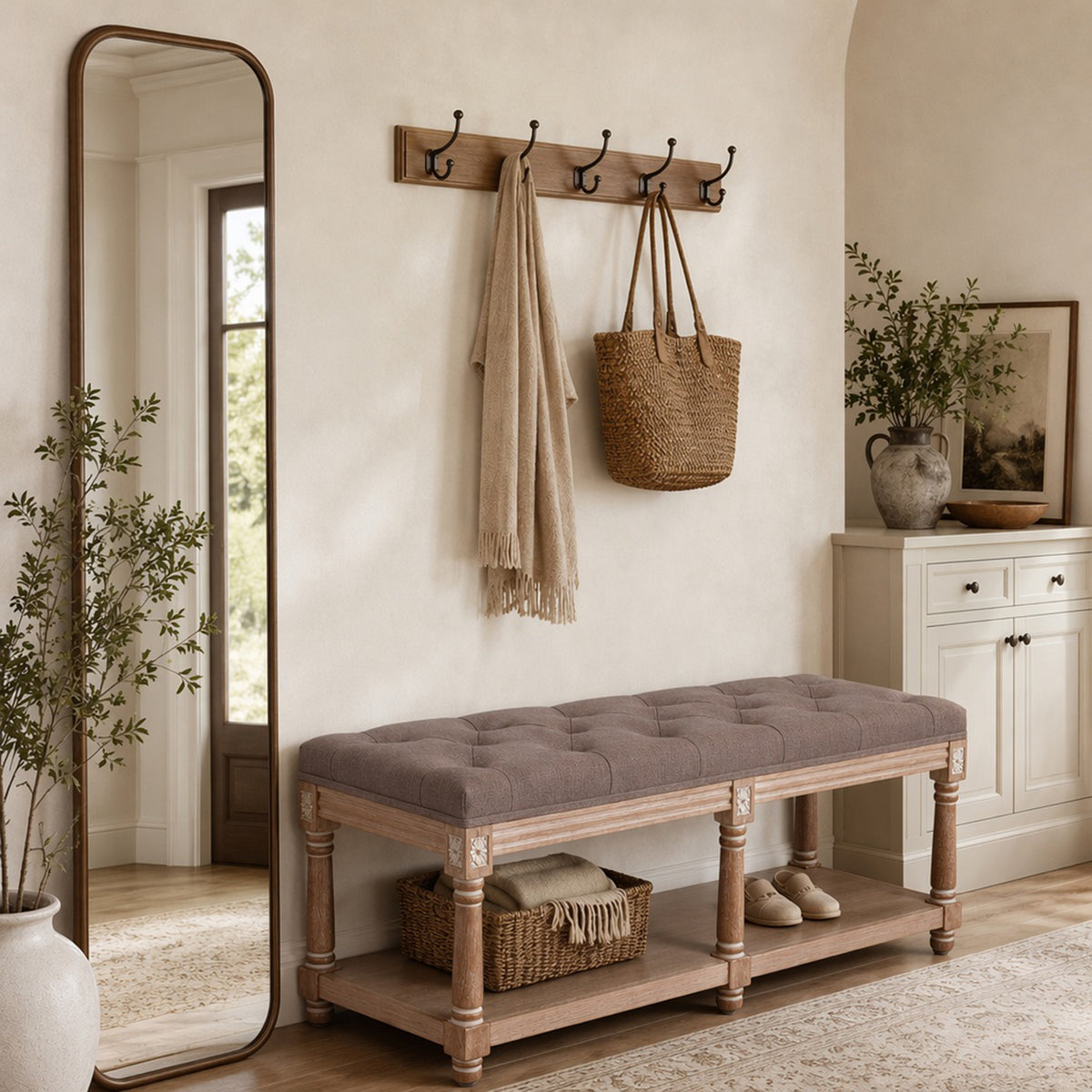 HomeMiYN 2-Seat Upholstered Storage Bench for Hallway and Bedroom