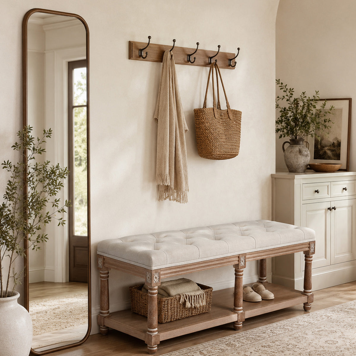 HomeMiYN 2-Seat Upholstered Storage Bench for Hallway and Bedroom