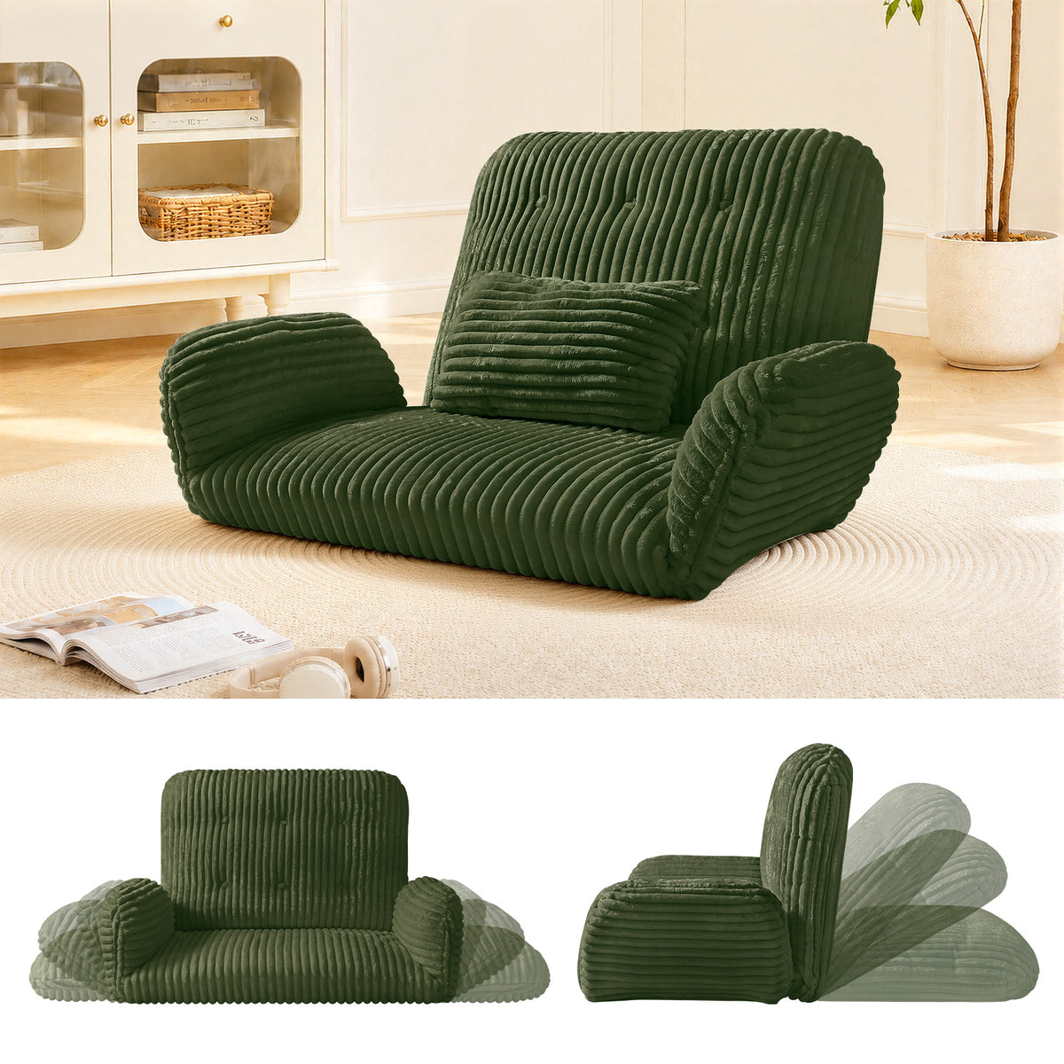 HomeMiYN Striped Plush Foldable Lazy Recliner Armchair with Cushion for Living Room and Bedroom