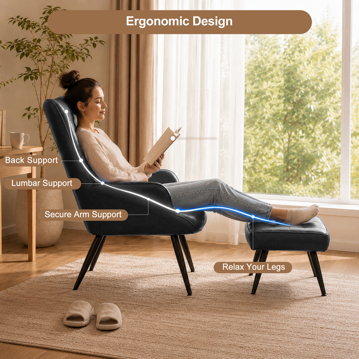 HomeMiYN PU Leather Wingback Chair with Stool & Lumbar Support Solid Wood Legs