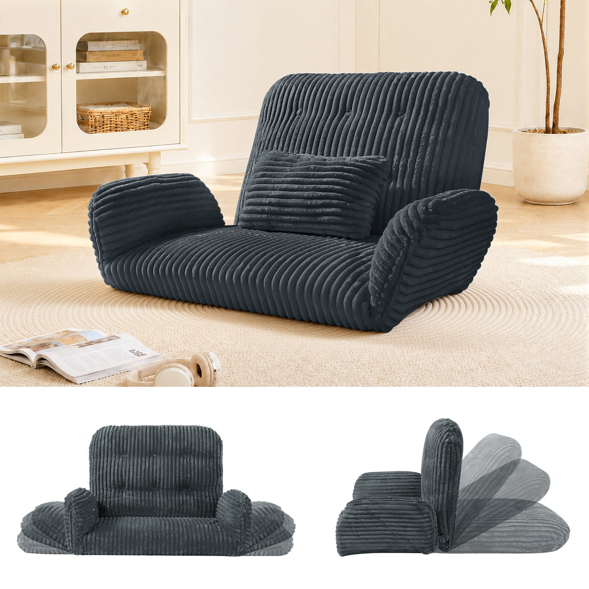 HomeMiYN Striped Plush Foldable Lazy Recliner Armchair with Cushion for Living Room and Bedroom